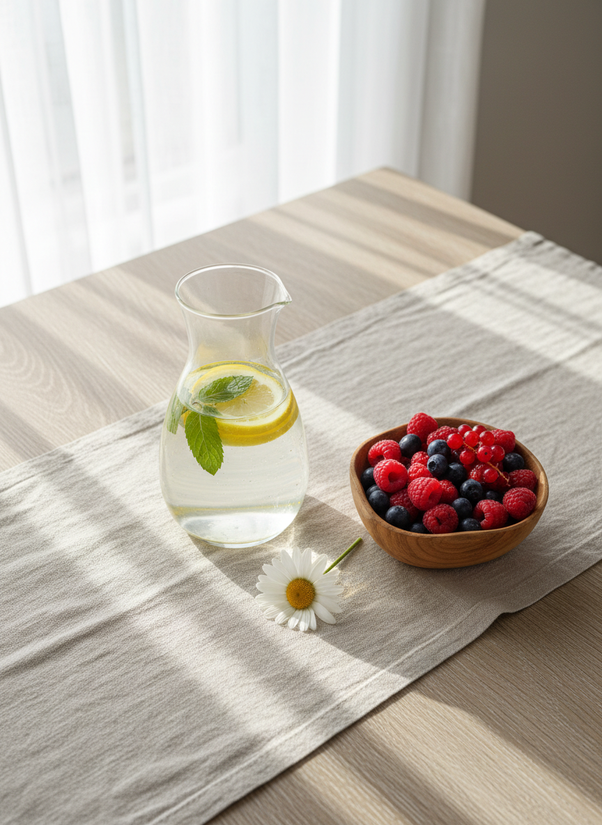 A bright kitchen table scene showing a simple wellness ritual: a clear carafe of infused water with floating lemon slices and mint, a small wooden bowl of fresh berries, and a single white daisy lying casually on a pale linen table runner. The table is a light, weathered oak, with faint grain textures visible. Morning light floods in from the left through sheer curtains, creating soft, diffused highlights on the glass and subtle shadows of the daisy’s petals. Photographic realism, shot from above in a relaxed, bird’s-eye composition, with every object sharply in focus. The mood is light, playful, and nourishing, evoking everyday self-care, home-centered wellness, and the idea of blooming into healthier rhythms one small habit at a time.