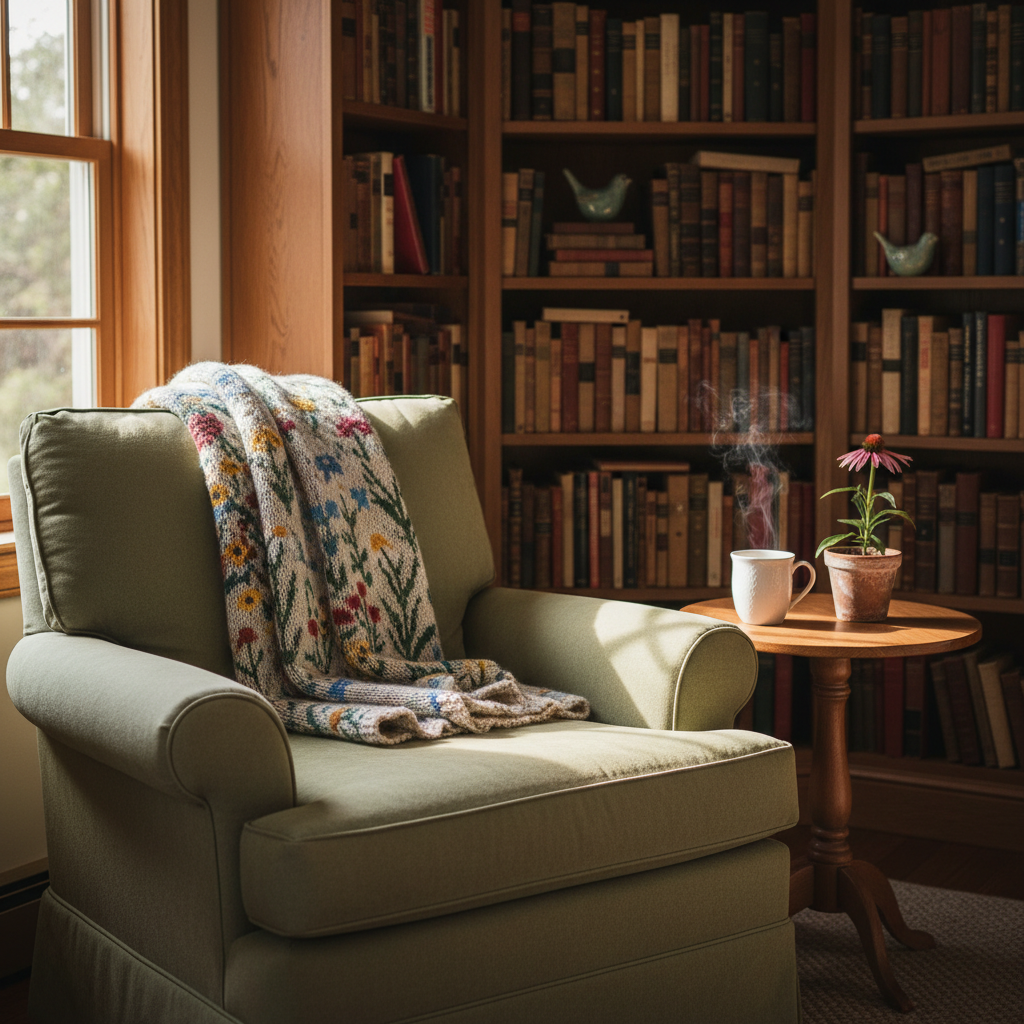 A cozy reading corner in a small home, featuring an overstuffed sage-green armchair draped with a floral-patterned knit throw and a round oak side table holding a steaming mug of herbal tea and a tiny potted wildflower. Behind the chair, floor-to-ceiling bookshelves curve slightly, filled with well-loved, mismatched books and a few ceramic birds. Late-afternoon golden hour light streams through a nearby window, creating warm streaks across the armchair fabric and soft highlights on the mug’s glaze. Photographic realism, captured from a slightly elevated angle using the rule of thirds, with a shallow depth of field that blurs the far shelves. The atmosphere feels intimate, playful, and reflective, suggesting a personal sanctuary for life reflections and gentle growth.