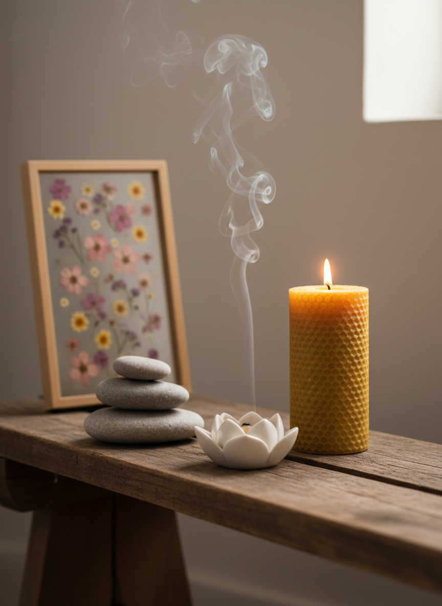 A quiet spiritual nook on a low wooden bench, holding an unlit beeswax pillar candle, a small ceramic incense holder shaped like an open blossom with a thin trail of smoke rising, and a stack of three smooth river stones arranged in a gentle tower. Beside them sits a delicate pressed-flower frame with tiny preserved blooms. Soft, diffused early-evening light enters from the right, giving the candle a warm, honeyed glow and catching the edges of the stones. Photographic realism, eye-level composition with shallow depth of field so the incense smoke curls crisply against a blurred neutral wall. The atmosphere is serene and contemplative with a playful touch of whimsy from the floral details, symbolizing spiritual growth and inner blooming through everyday rituals.